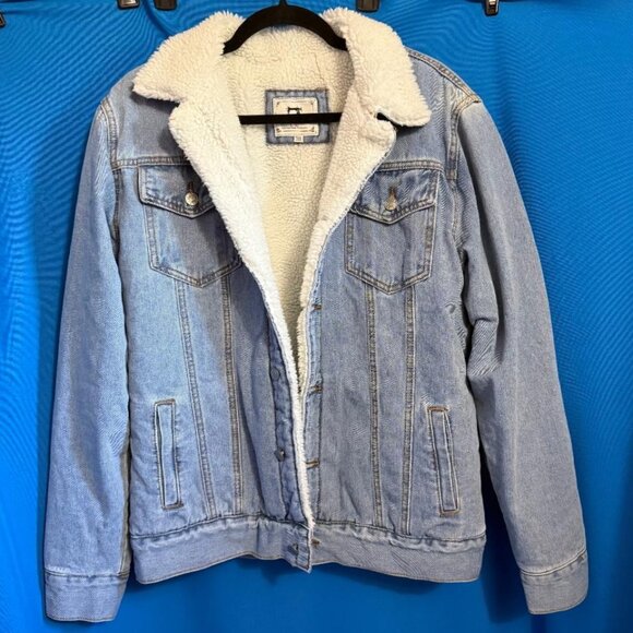 WARM HEAVY FASHION BLUE JEAN DENIM JACKET WITH SHERPA & FURRY FUZZY TYPE LINING - Picture 3 of 16